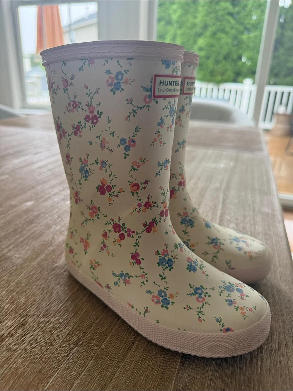 HunterXloveshackfancy girls Cream Floral Rain Boots with Pink Accents